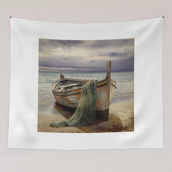 Item preview, Abandoned, Luke 5:11, A beautiful painting of a weathered wooden fishing boat pulled up on a sandy beach, with a fishing net draped over the bow. designed and sold by Faithloveshop.