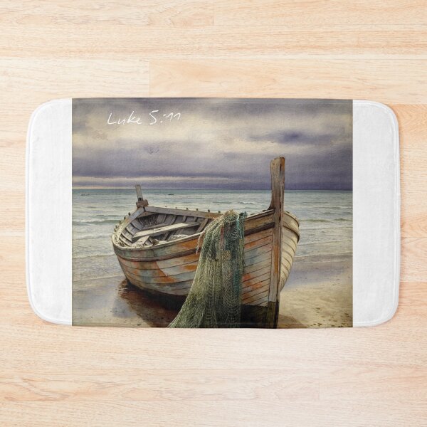 Item preview, Abandoned, Luke 5:11, A beautiful painting of a weathered wooden fishing boat pulled up on a sandy beach, with a fishing net draped over the bow. designed and sold by Faithloveshop.
