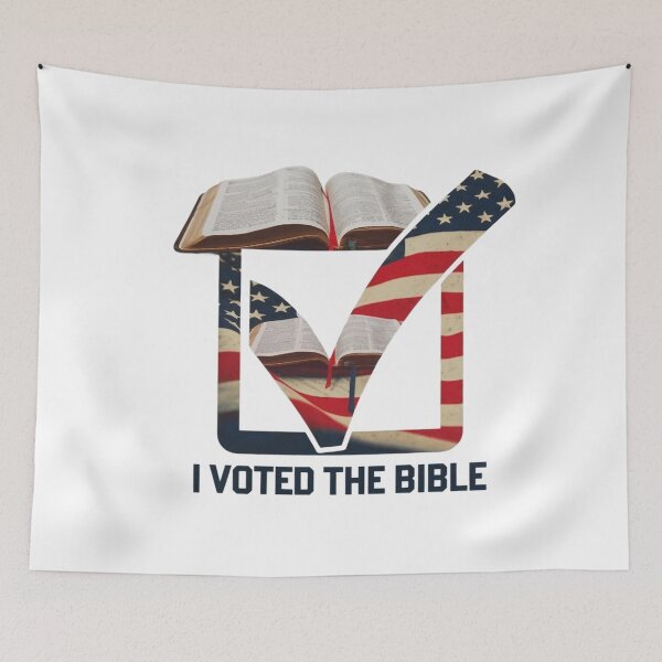 Item preview, An open Bible with an American flag checkmark overlaid on it. The text "I VOTED THE BIBLE" designed and sold by Faithloveshop.