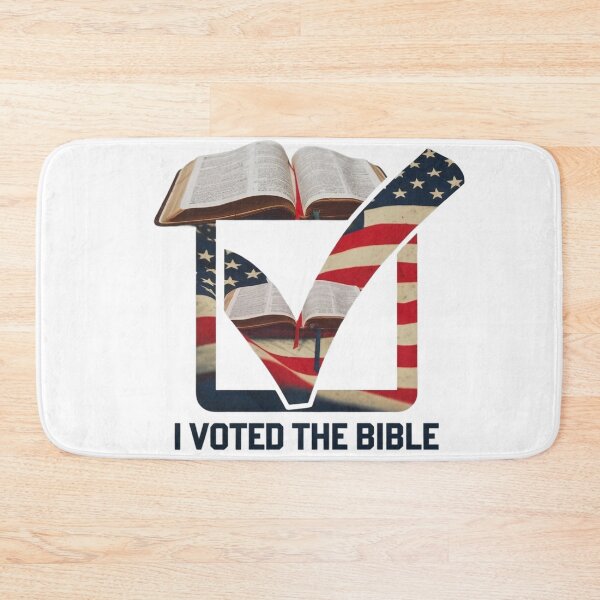 Item preview, An open Bible with an American flag checkmark overlaid on it. The text "I VOTED THE BIBLE" designed and sold by Faithloveshop.
