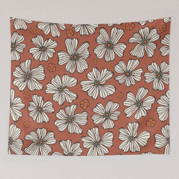 Item preview, White Hand Drawn Flowers on Brick Red Pattern designed and sold by schorrnuff.