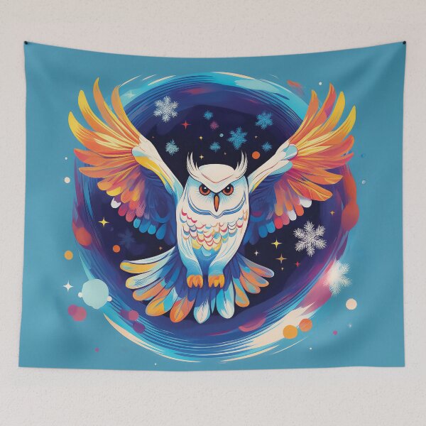 Item preview, A majestic owl in flight against a vibrant blue background design.  designed and sold by HEMRO.