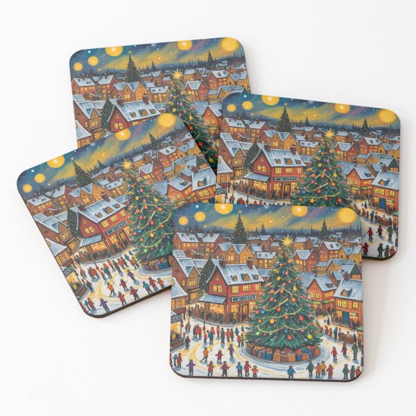 Item preview, Children Playing in the Snowy Winter Christmas Village, Houses with Chimney, Christmas Tree, Christmas Bazaar designed and sold by MyArt23.