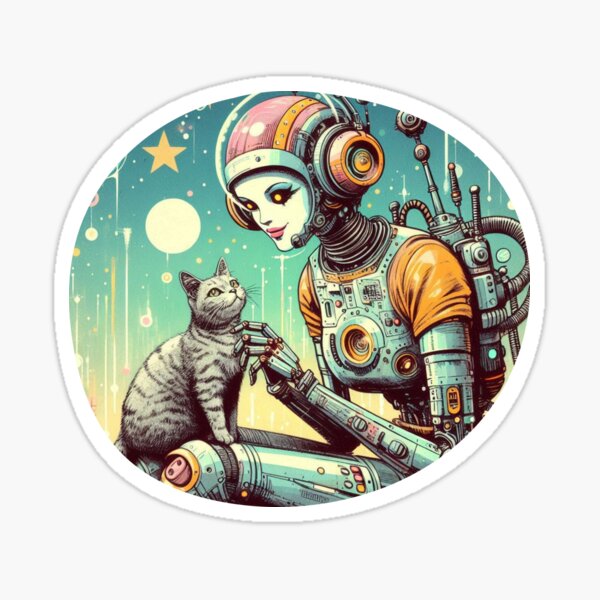 Item preview, Retro Futuristic Female Robot with Cat Friend  designed and sold by Reverie & Roses.