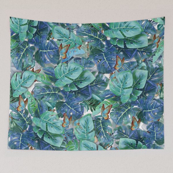 Item preview, Blueish Turquoise Monstera Leaves & Butterflies designed and sold by NadineMay.