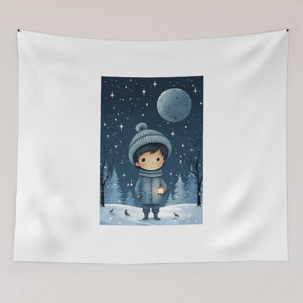 Item preview, Cartoon Illustration of a Child Holding a Lantern in a Snowy Forest designed and sold by MiraCleAI.