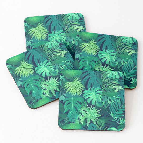 Item preview, Seamless pattern with dense rainforest foliage, including ferns, palms, and other exotic plants, in deep greens and teal hue designed and sold by ThaiArtShop.