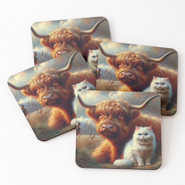 Item preview, Charming Highland Cow and Cat Friends in a Lush Meadow   designed and sold by mustardseed-410.