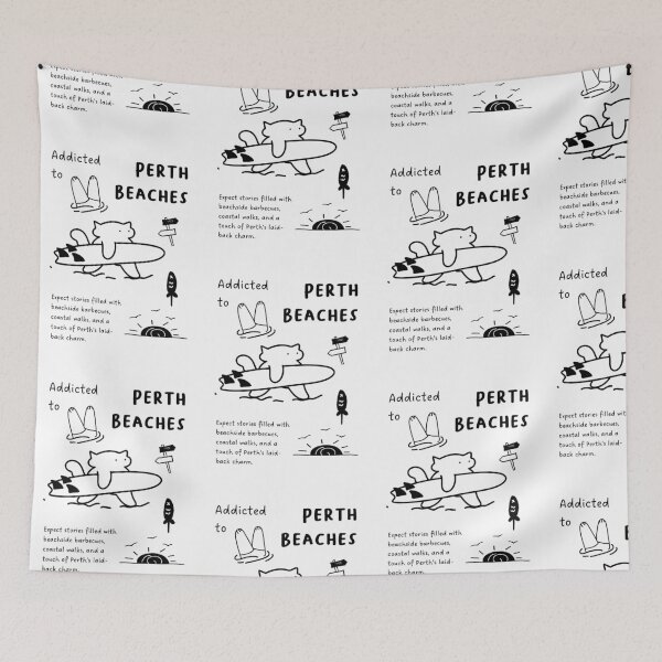 Item preview, Addicted to Perth Beaches | Illustration of a Cat Carrying a Surfboard, Sunset, and Fish designed and sold by RM-Journey.