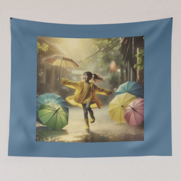 Item preview, "Rainy Day Bliss: Young Girl Dancing with Umbrellas" designed and sold by choder61.
