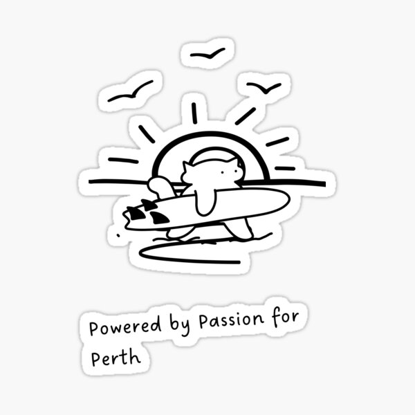 Item preview, Powered by Passion for Perth | Cat with Surfboard at Sunset Beach Illustration designed and sold by RM-Journey.