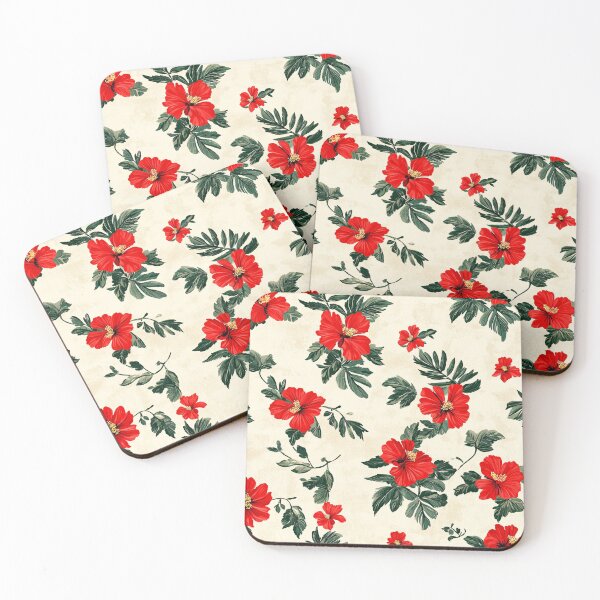 Item preview, Seamless tropical floral pattern of bold red hibiscus and green palm leaves on a light, sandy background, evoking a lively, beach-inspired vibe designed and sold by ThaiArtShop.