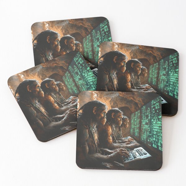 Item preview, Prehistoric man working on a computer designed and sold by ImaginePrintopia.