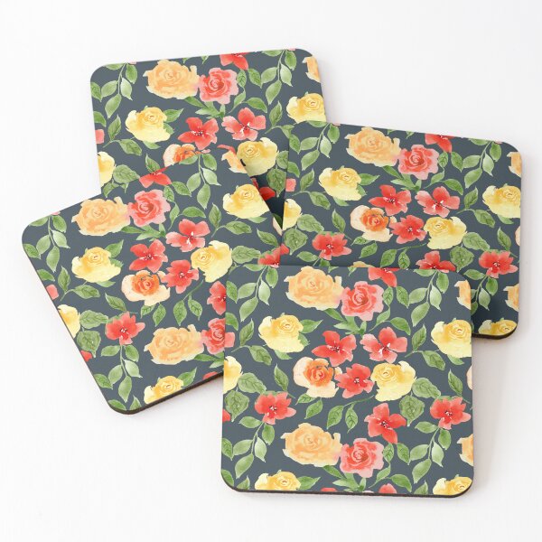 Item preview, Watercolor Yellow Orange and Red Roses and wildflowers slate blue background designed and sold by JasmineGDesigns.