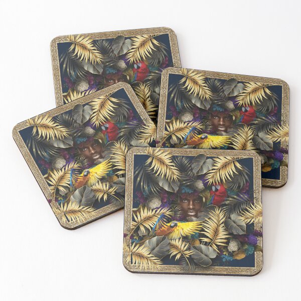 Item preview, "Tropical night" design with golden palm trees, parrots and the black man face in the center designed and sold by Arscorart.