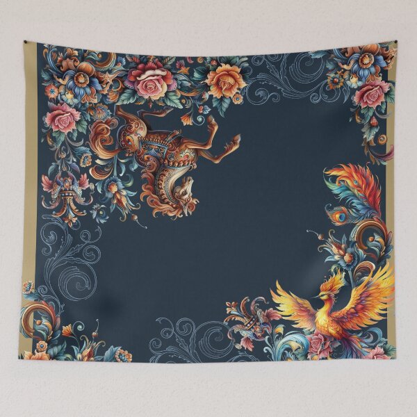 Item preview, watercolor paint design in Russian fairy tale style with horse and fire bird with flowers designed and sold by Arscorart.