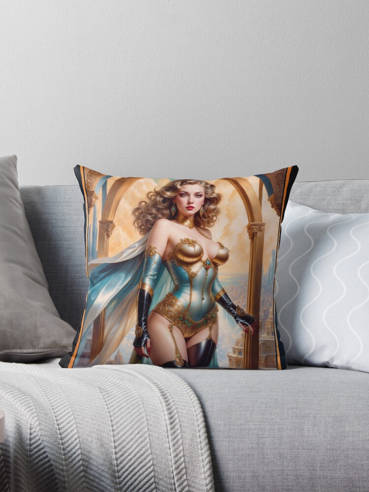 Regal Woman In Opulent Gold And Turquoise Attire Amidst Classic Cityscape AI Concept Art by Xzendor7 | A Beauty Of A Bygone Era 4 Regal Woman In Opulent Gold And Turquoise Attire Amidst Classic Cityscape Captivating AI Concept Art by Xzendor7 Decorative Art Print Throw Pillow