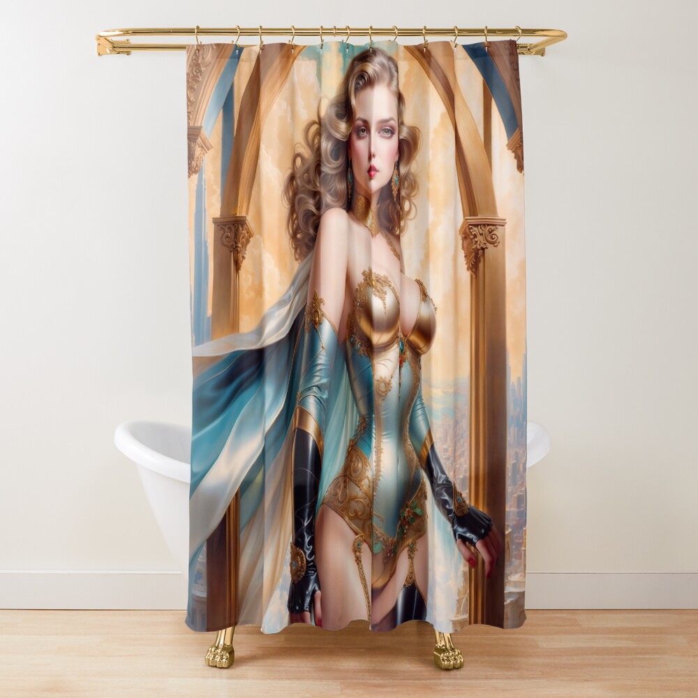 Regal Woman In Opulent Gold And Turquoise Attire Amidst Classic Cityscape AI Concept Art by Xzendor7 | A Beauty Of A Bygone Era 3 Regal Woman In Opulent Gold And Turquoise Attire Amidst Classic Cityscape Captivating AI Concept Art by Xzendor7 Decorative Art Print Shower Curtain