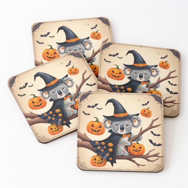 Item preview, Cute Halloween Koala in Witch Costume with Pumpkins and Bats – Vintage Halloween Art designed and sold by TRex-Landscapes.