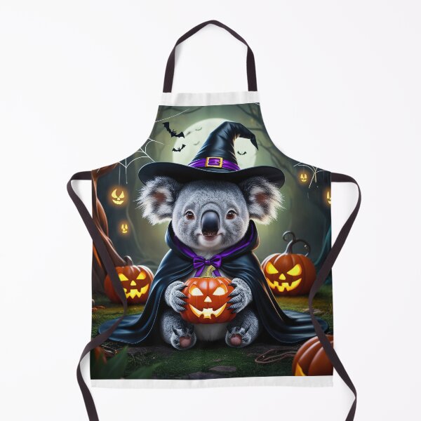 Item preview, Halloween koala in witch costume with pumpkin in the mystical forest designed and sold by TRex-Landscapes.