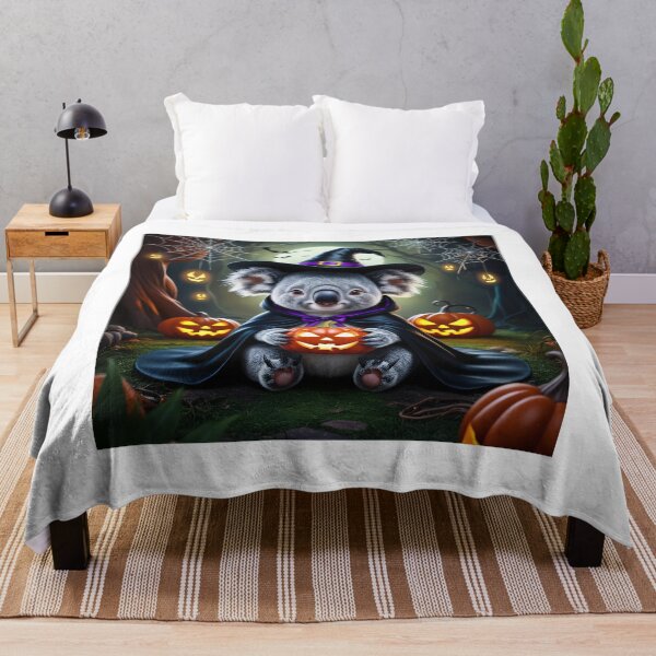 Item preview, Halloween koala in witch costume with pumpkin in the mystical forest designed and sold by TRex-Landscapes.