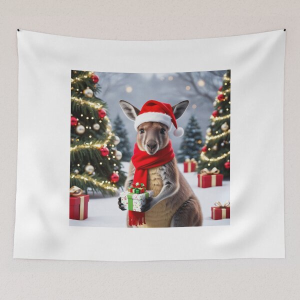 Item preview, Festive Kangaroo with Christmas Present and Christmas Tree – Australian Christmas Illustration designed and sold by TRex-Landscapes.