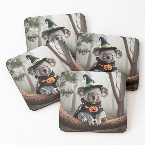 Item preview, Cute Halloween koala with witch hat and pumpkin cape in the mystical forest - perfect photo print for Halloween designed and sold by TRex-Landscapes.
