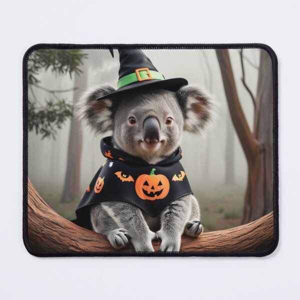 Item preview, Cute Halloween koala with witch hat and pumpkin cape in the mystical forest - perfect photo print for Halloween designed and sold by TRex-Landscapes.