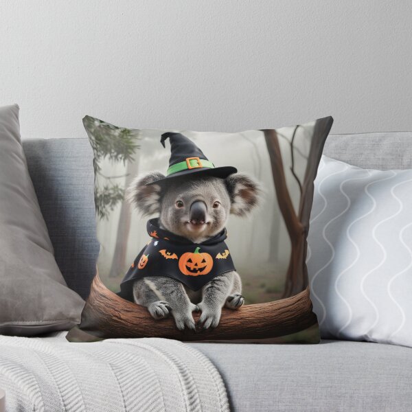 Item preview, Cute Halloween koala with witch hat and pumpkin cape in the mystical forest - perfect photo print for Halloween designed and sold by TRex-Landscapes.