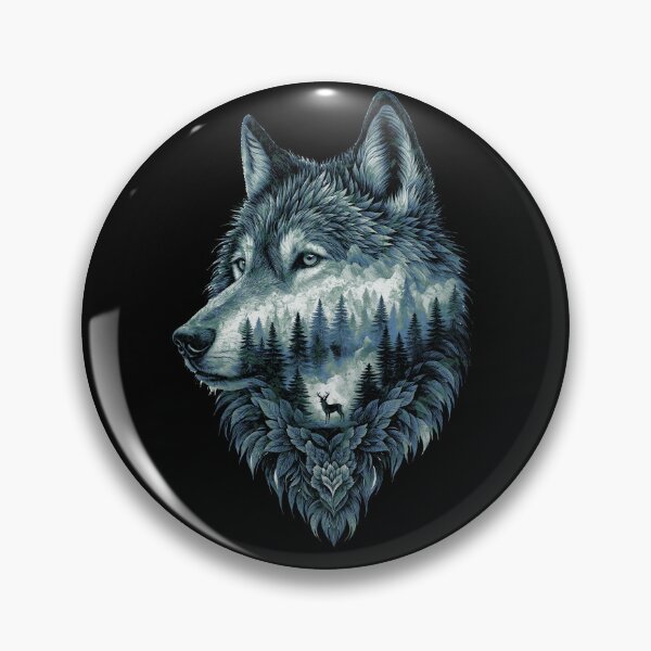 Item preview, Wolf Silhouette In Beautiful Nature, a wolf's head with a forest and a deer in the background. nature, wolf, mountains, outdoors, adventure, camping designed and sold by Collagedream.
