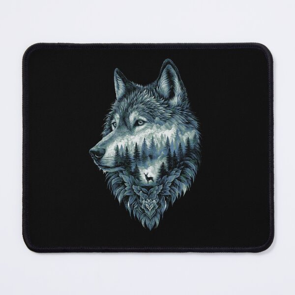 Item preview, Wolf Silhouette In Beautiful Nature, a wolf's head with a forest and a deer in the background. nature, wolf, mountains, outdoors, adventure, camping designed and sold by Collagedream.