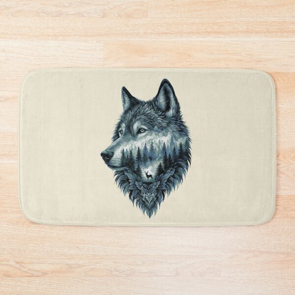 Item preview, Wolf Silhouette In Beautiful Nature, a wolf's head with a forest and a deer in the background. nature, wolf, mountains, outdoors, adventure, camping designed and sold by Collagedream.