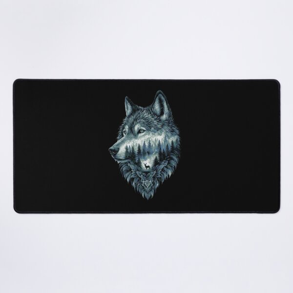 Item preview, Wolf Silhouette In Beautiful Nature, a wolf's head with a forest and a deer in the background. nature, wolf, mountains, outdoors, adventure, camping designed and sold by Collagedream.