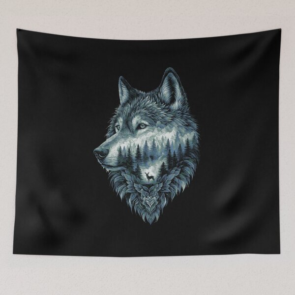 Item preview, Wolf Silhouette In Beautiful Nature, a wolf's head with a forest and a deer in the background. nature, wolf, mountains, outdoors, adventure, camping designed and sold by Collagedream.