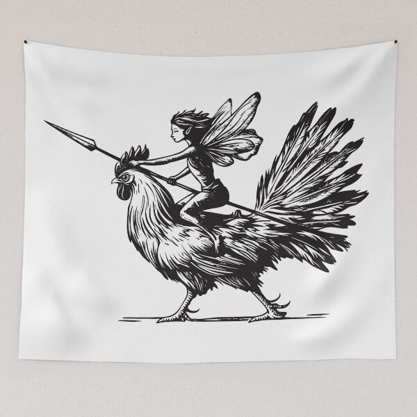 Item preview, Fairy Riding Chicken woodcut ink line art designed and sold by blackdogshop.