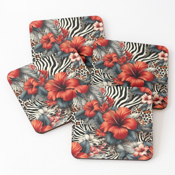 Item preview, FLORAL AND TROPICAL PATTERN O39 - Gift items and personal use / Flowers, Hibiscus, Petals, Scarlet, Red, Leaves, Leopard, Tiger, Vector, Art designed and sold by LumDesignArt.