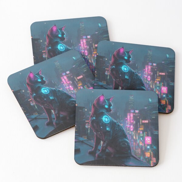 Item preview, Neon Guardian - Cybernetic Cat in the Rain designed and sold by Ideationing.