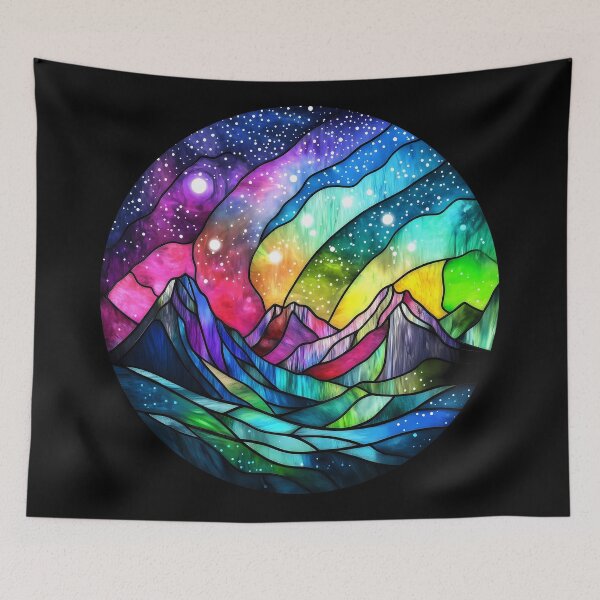 Item preview, Aurora Borealis Stained Glass Mountains Colorful Northern Lights designed and sold by meganohm.
