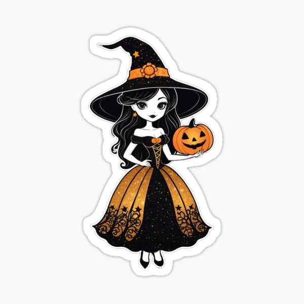 Halloween Black, Gold and Orange Cute witch Sticker