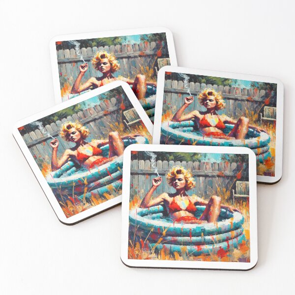 Item preview, retro summer, expressive art, vintage style, inflatable pool backyard scene, designed and sold by ANIARTONLINE.