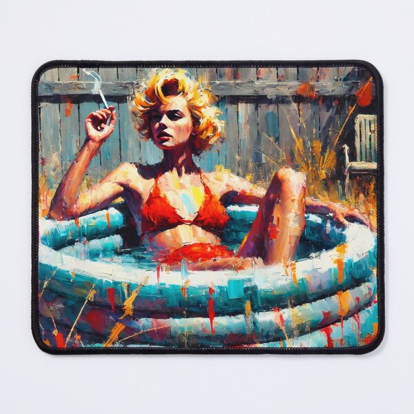 Item preview, retro summer, expressive art, vintage style, inflatable pool backyard scene, designed and sold by ANIARTONLINE.