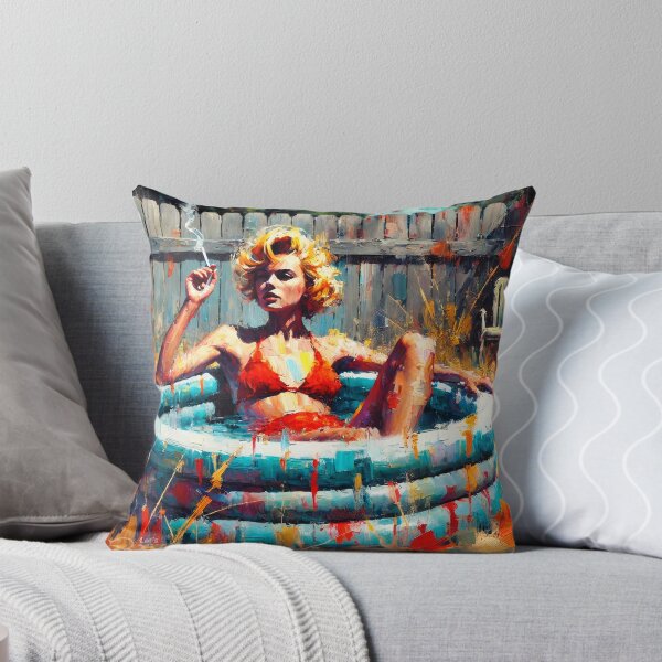 Item preview, retro summer, expressive art, vintage style, inflatable pool backyard scene, designed and sold by ANIARTONLINE.