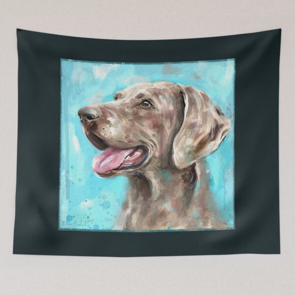 Item preview, Expressive Painting of a Happy Grey Brown Weimaraner Dog on Blue Background designed and sold by ibadishi.