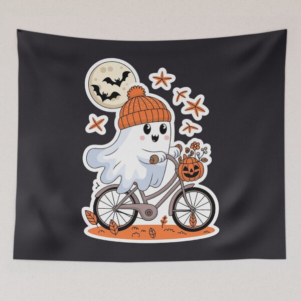 Item preview,  cartoonish ghost wearing a knitted orange hat and riding a bicycle designed and sold by khufra1.