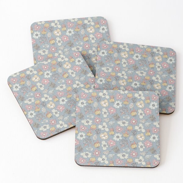 Item preview, Liberty-style flowers in warm neutral colors on gray-blue designed and sold by colorofmagic.