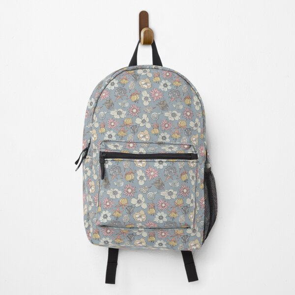 Item preview, Liberty-style flowers in warm neutral colors on gray-blue designed and sold by colorofmagic.