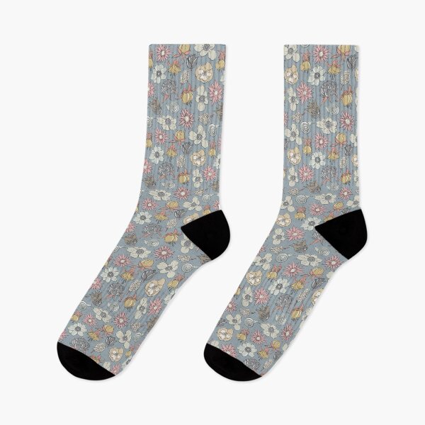 Item preview, Liberty-style flowers in warm neutral colors on gray-blue designed and sold by colorofmagic.