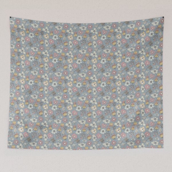 Item preview, Liberty-style flowers in warm neutral colors on gray-blue designed and sold by colorofmagic.