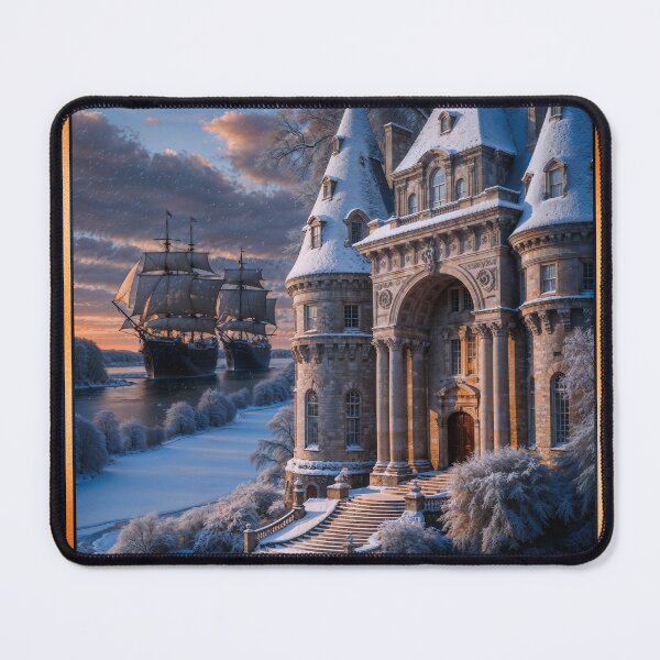 Item preview, Majestic Snow-Covered Forest Estate With Grand Sailing Ships In The Background Awe-Inspiring AI Concept Art by Xzendor7 designed and sold by Xzendor7 Digital Art Creations.