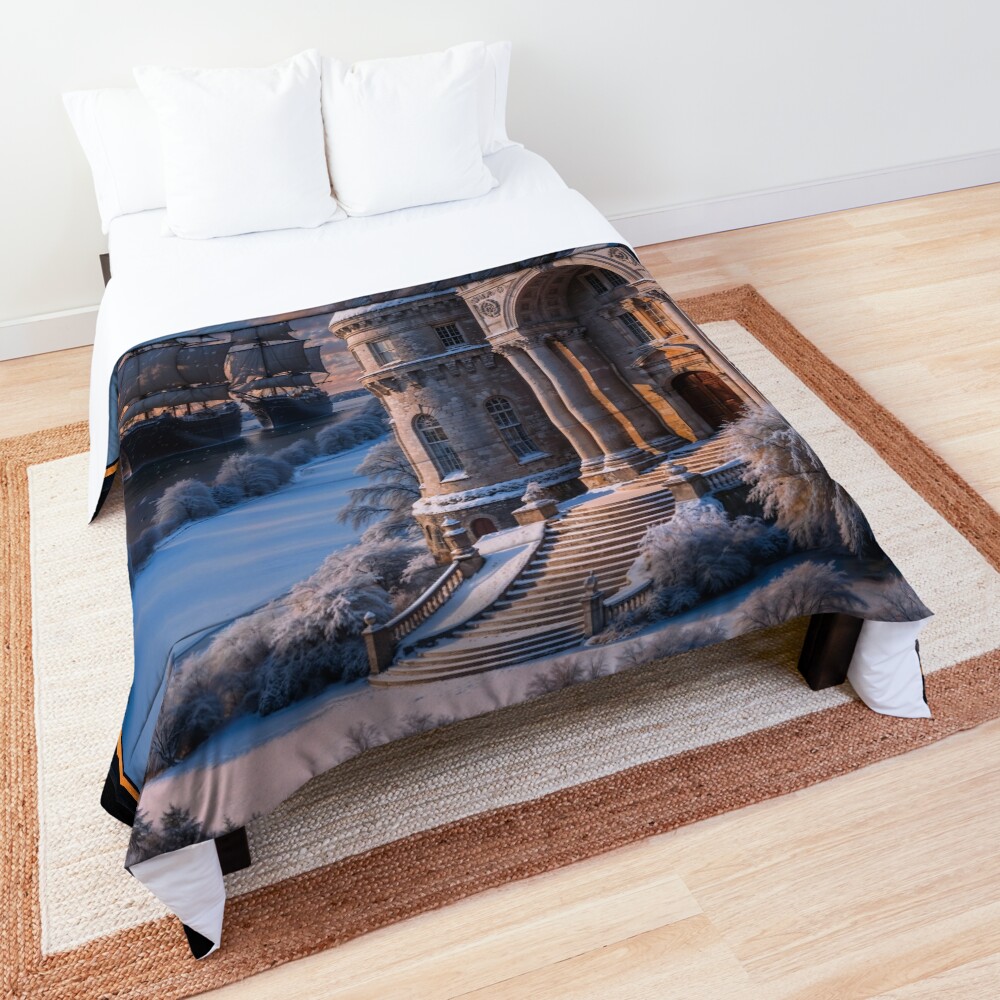 Majestic Snow-Covered Forest Estate With Grand Sailing Ships In The Background Awe-Inspiring AI Concept Art by Xzendor7 Decorative Art Print Comforter